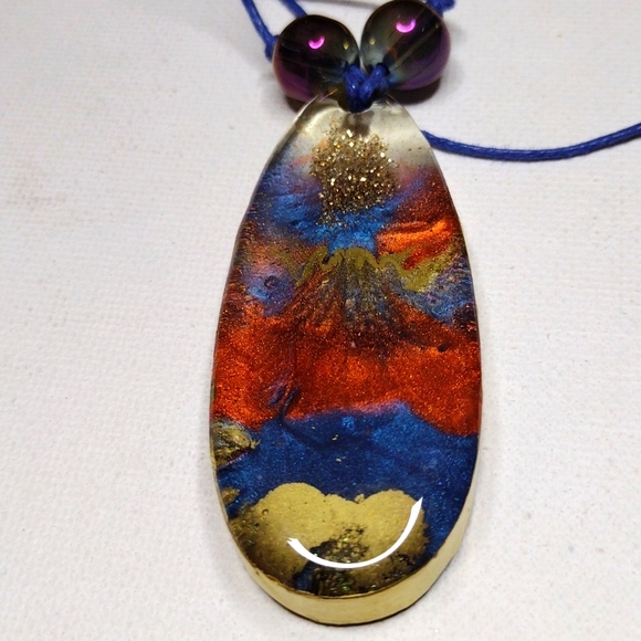 Large Gold Sparkle Reversible Teardrop Necklace with Adjustable length Blue cord - Picture 2 of 5